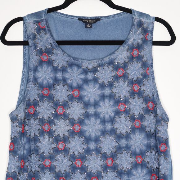 Lucky Brand Womens Tank Top Size‎ Large Blue Red Embellished Beaded Floral USA - Picture 7 of 9